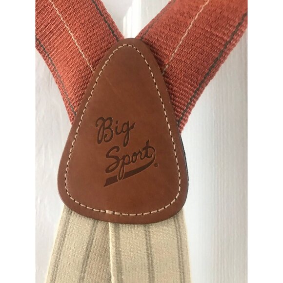 Vtg Big Sport Burnt Orange Tan Blue Striped Suspenders Leather Elastic Braces - Picture 3 of 9